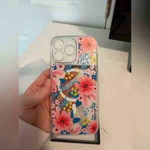 Clear Floral Phone Case with Pink Flowers and Blue Leaves IPhone 16 Pro
